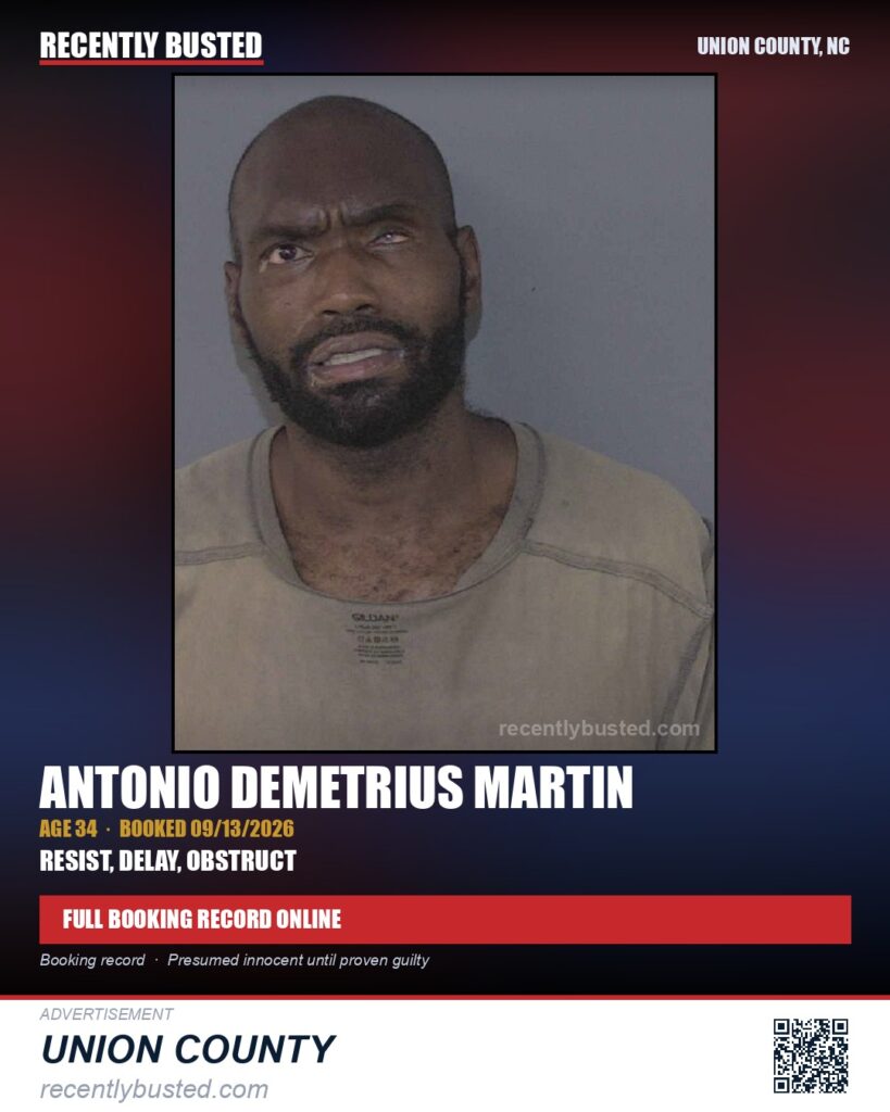 MARTIN, ANTONIO DEMETRIUS — arrest record card, Union County, North Carolina