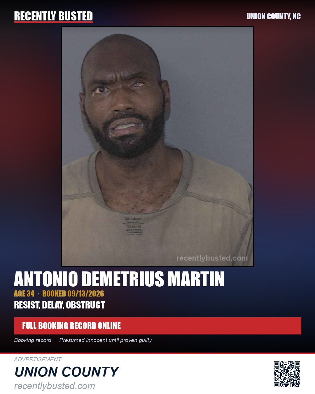 MARTIN, ANTONIO DEMETRIUS — arrest record card, Union County, North Carolina