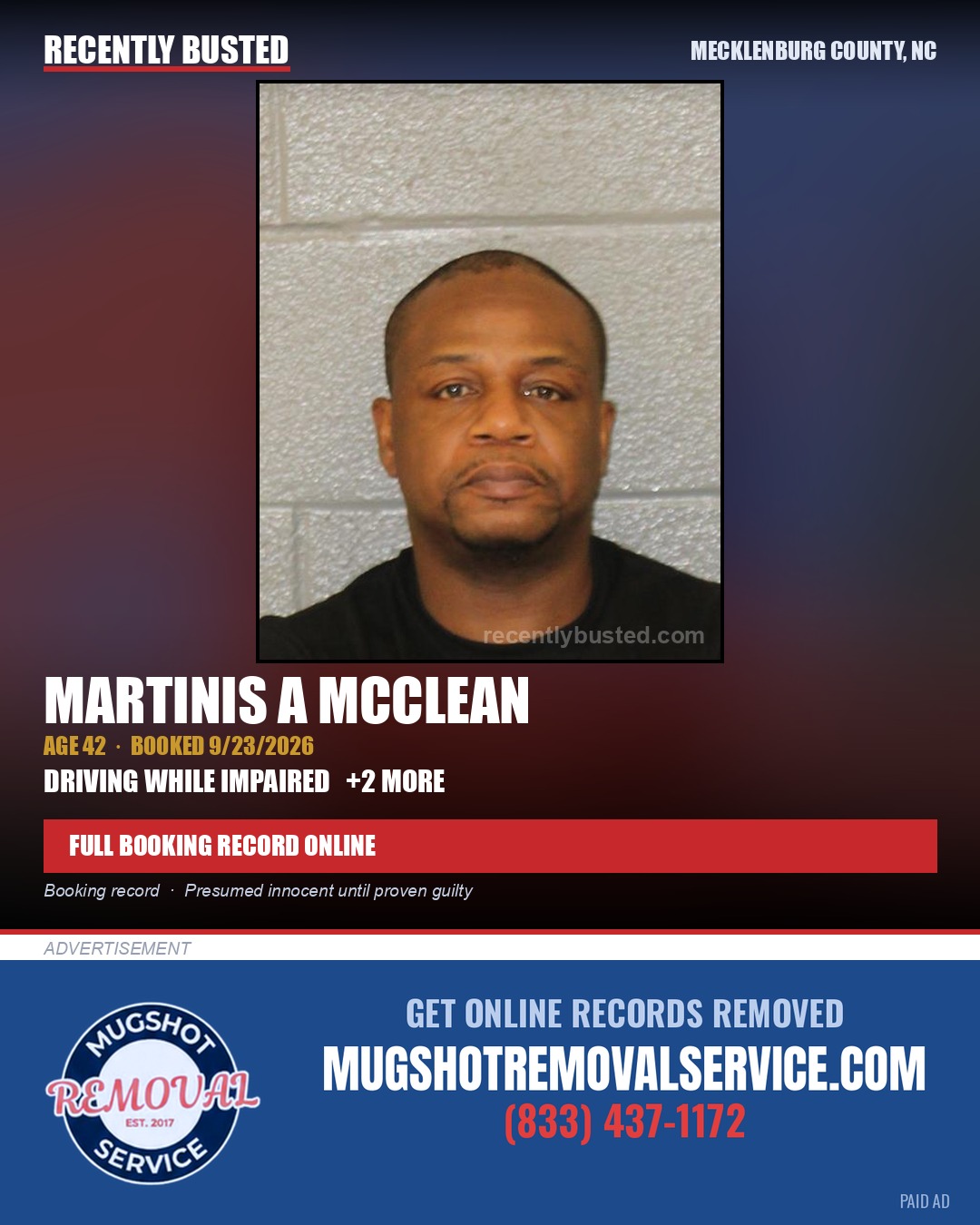 MARTINIS A MCCLEAN — arrest record card, Mecklenburg County, North Carolina