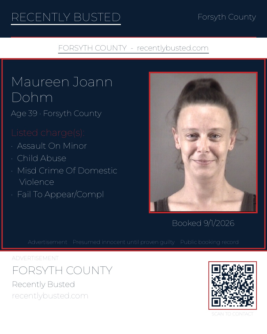 MAUREEN JOANN DOHM — arrest record card, Forsyth County, North Carolina