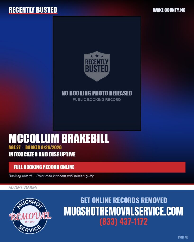MCCOLLUM BRAKEBILL — arrest record card, Wake County, North Carolina