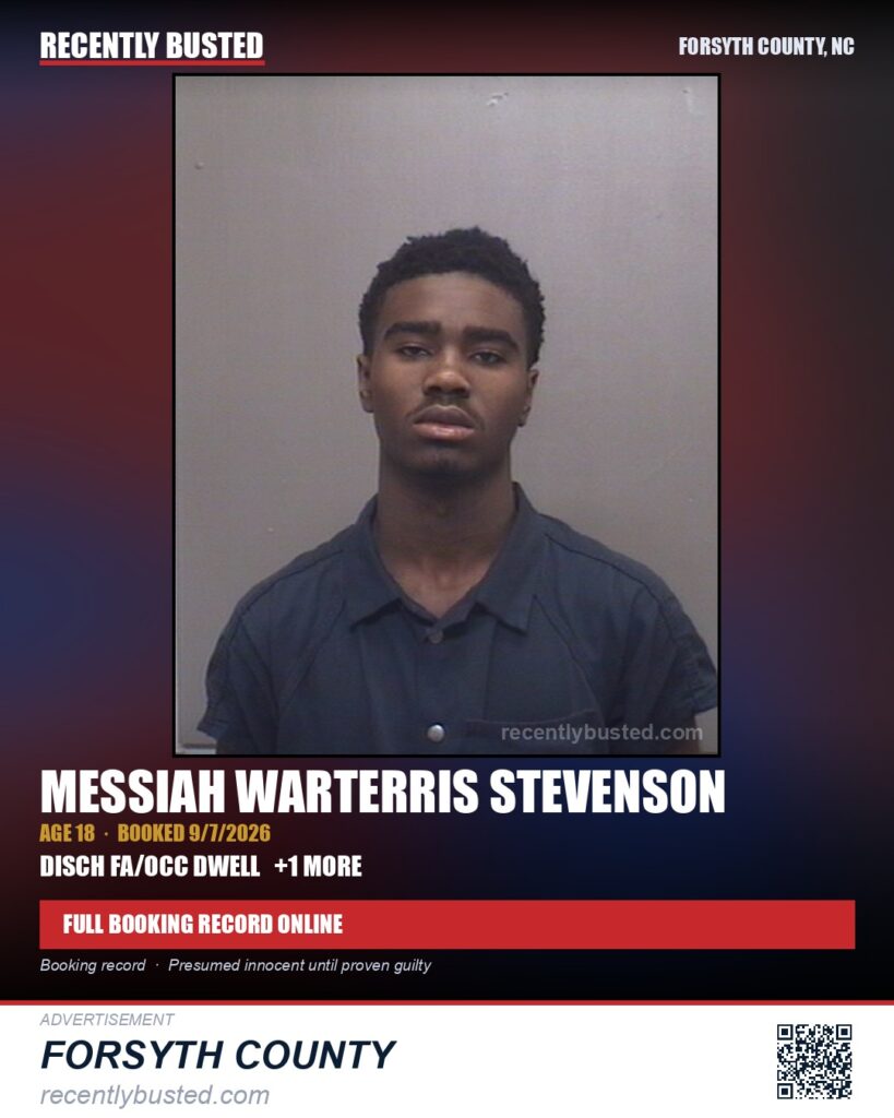 MESSIAH WARTERRIS STEVENSON — arrest record card, Forsyth County, North Carolina