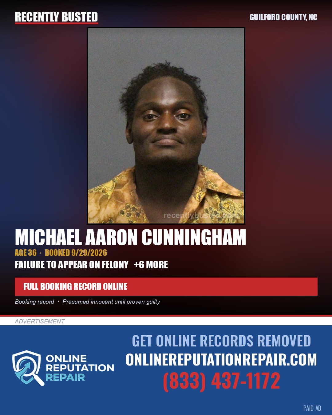 MICHAEL AARON CUNNINGHAM — arrest record card, Guilford County, North Carolina
