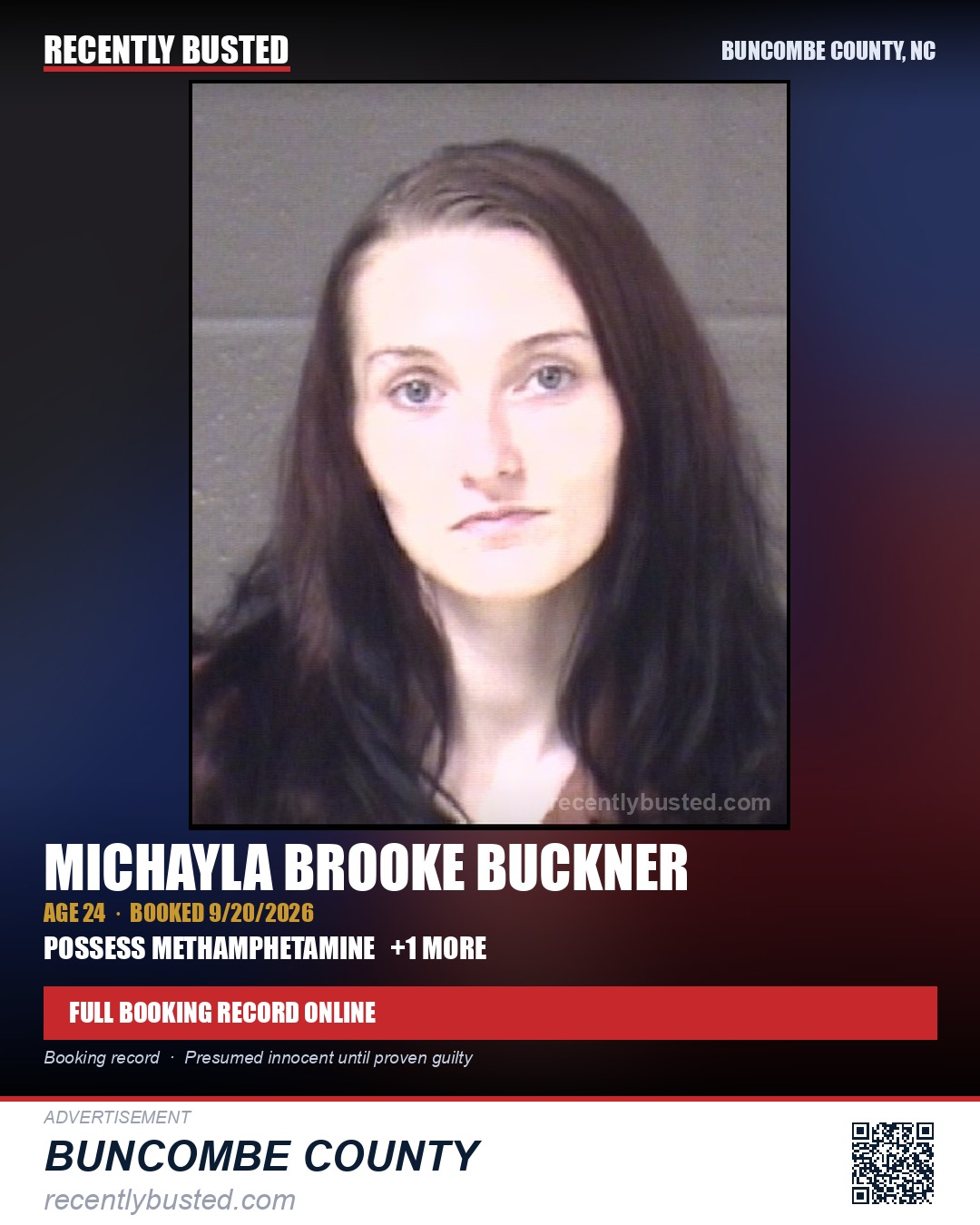 MICHAYLA BROOKE BUCKNER — arrest record card, Buncombe County, North Carolina