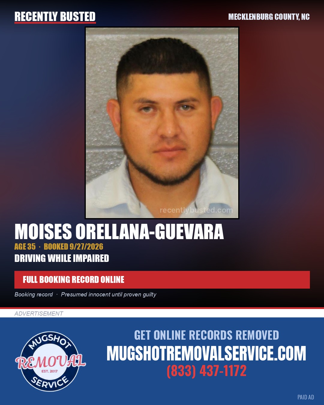 MOISES ORELLANA-GUEVARA — arrest record card, Mecklenburg County, North Carolina