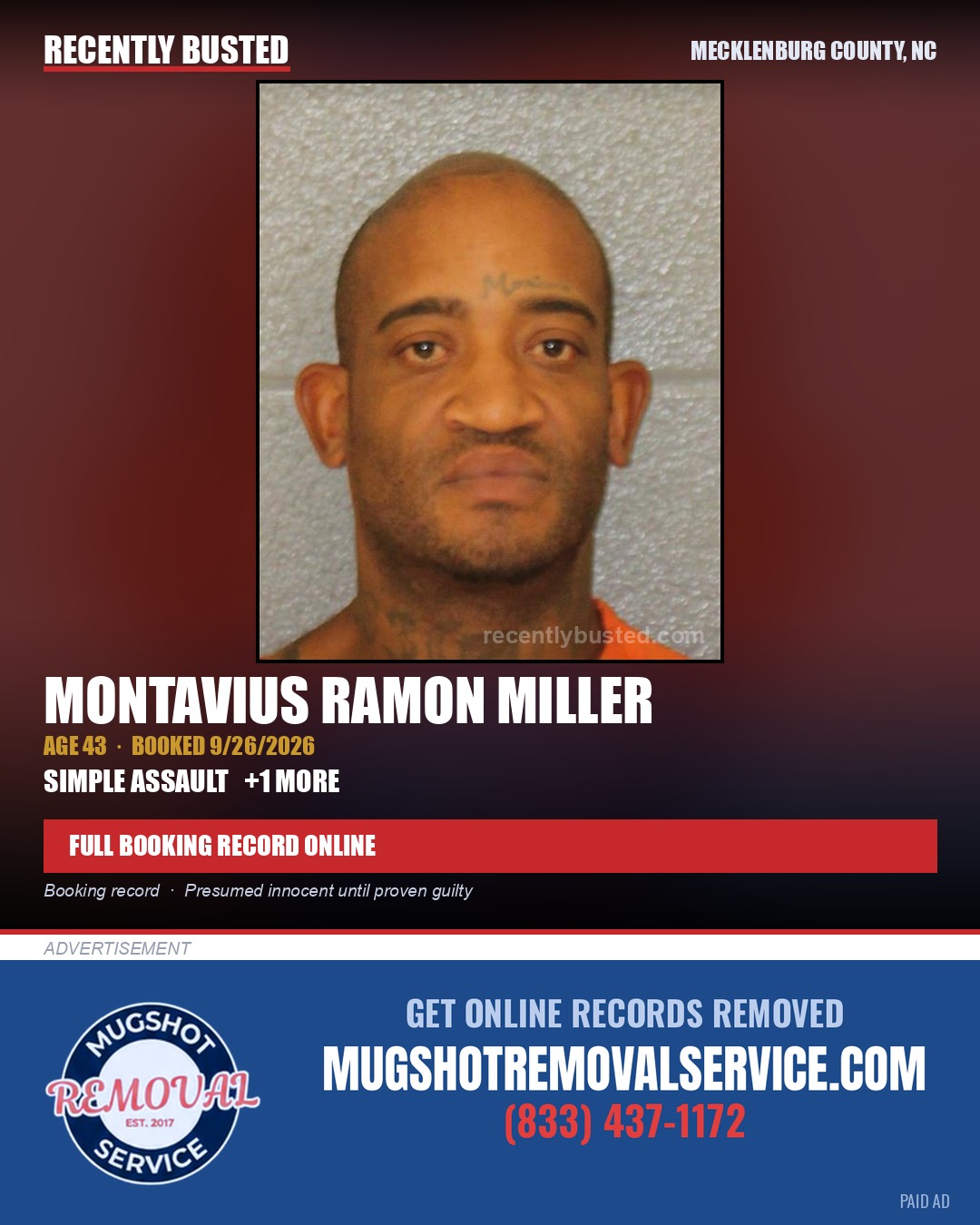 MONTAVIUS RAMON MILLER — arrest record card, Mecklenburg County, North Carolina
