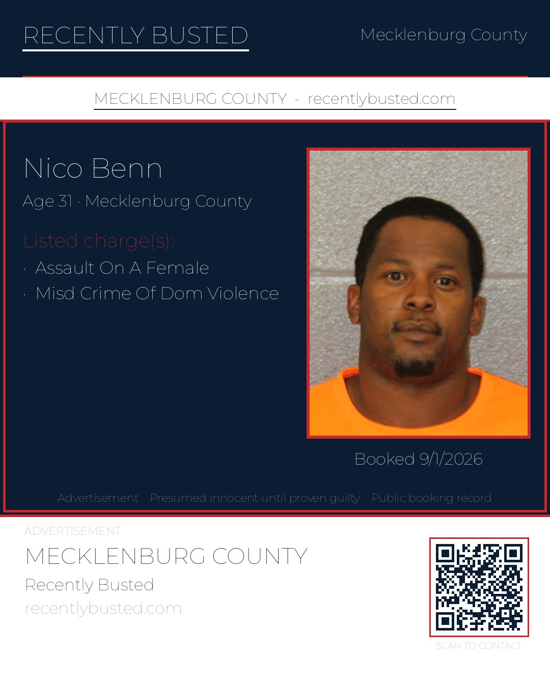 NICO BENN — arrest record card, Mecklenburg County, North Carolina
