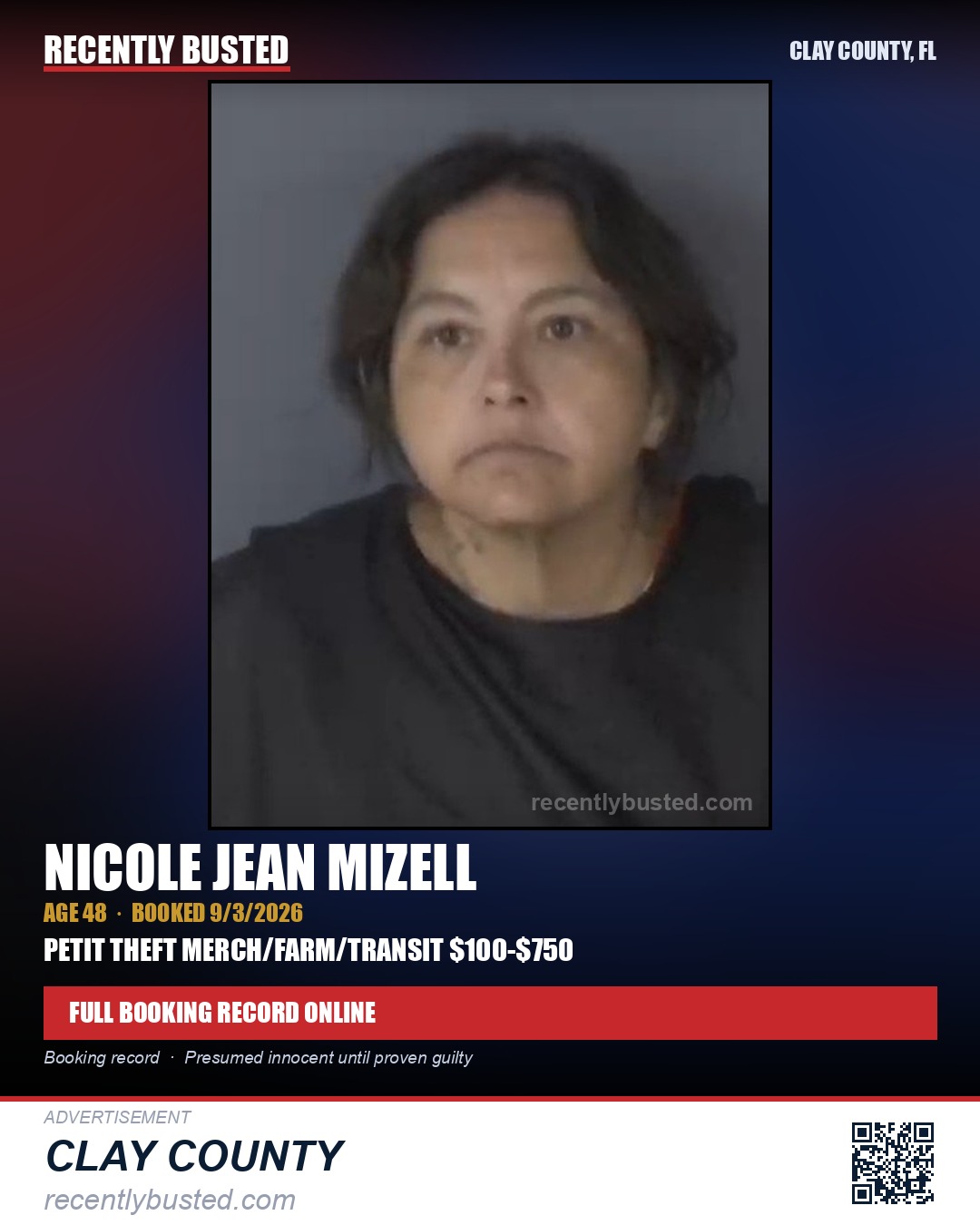 NICOLE JEAN MIZELL — arrest record card, Clay County, Florida