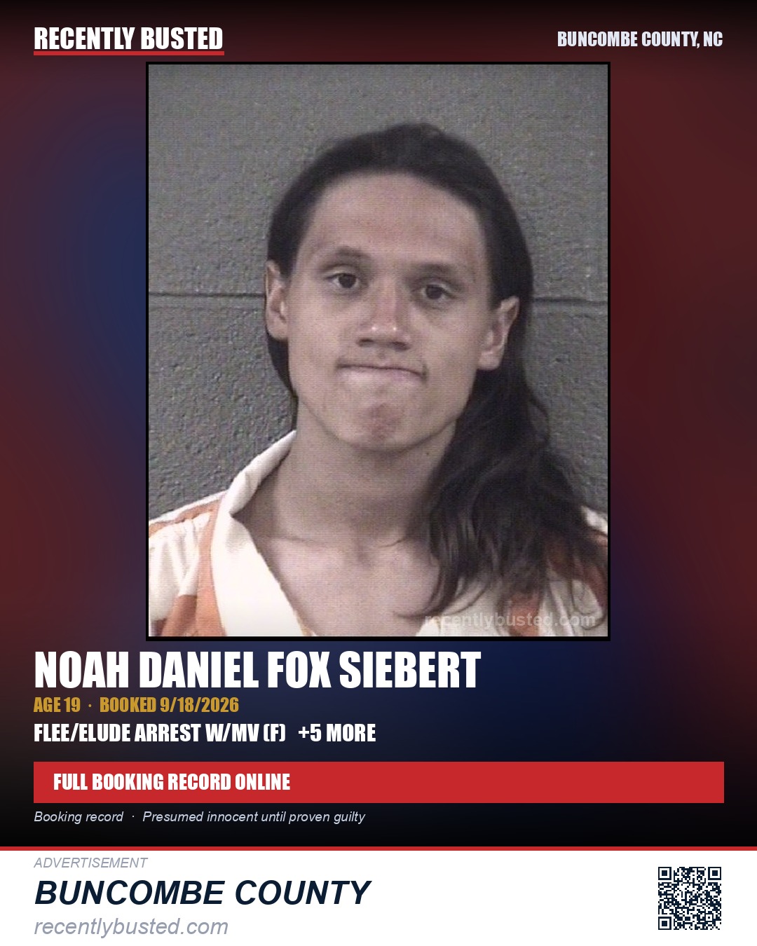 NOAH DANIEL FOX SIEBERT — arrest record card, Buncombe County, North Carolina