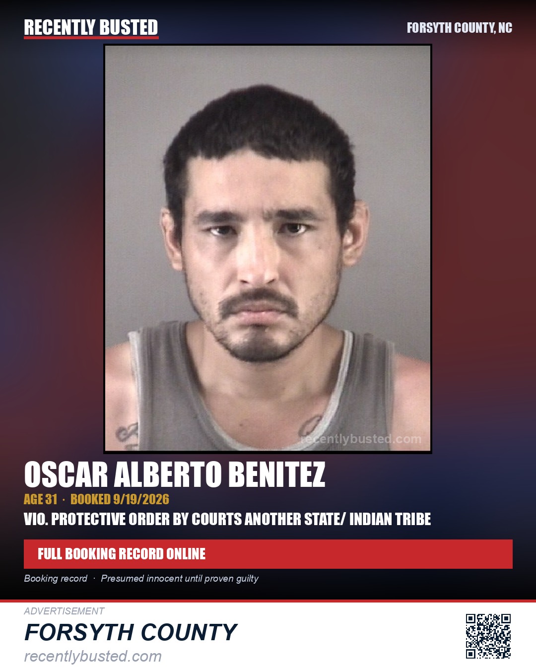 OSCAR ALBERTO BENITEZ — arrest record card, Forsyth County, North Carolina