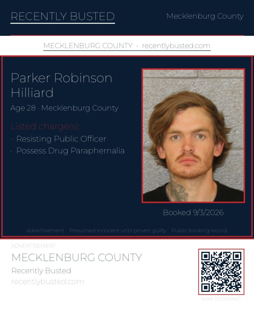 PARKER ROBINSON HILLIARD — arrest record card, Mecklenburg County, North Carolina