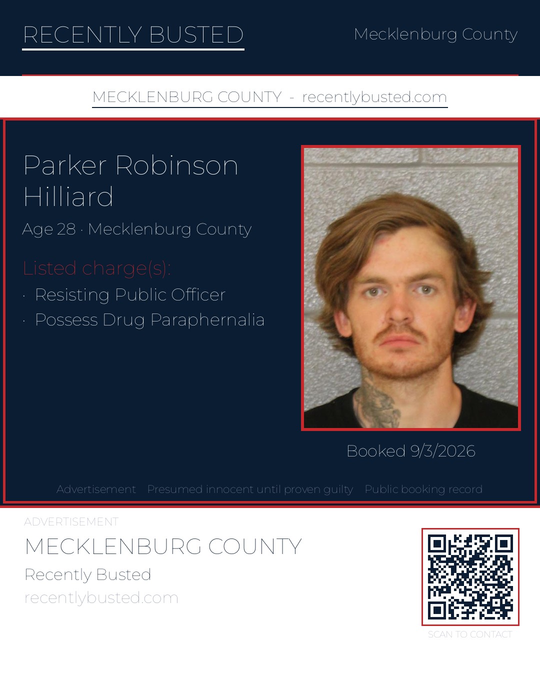 PARKER ROBINSON HILLIARD — arrest record card, Mecklenburg County, North Carolina