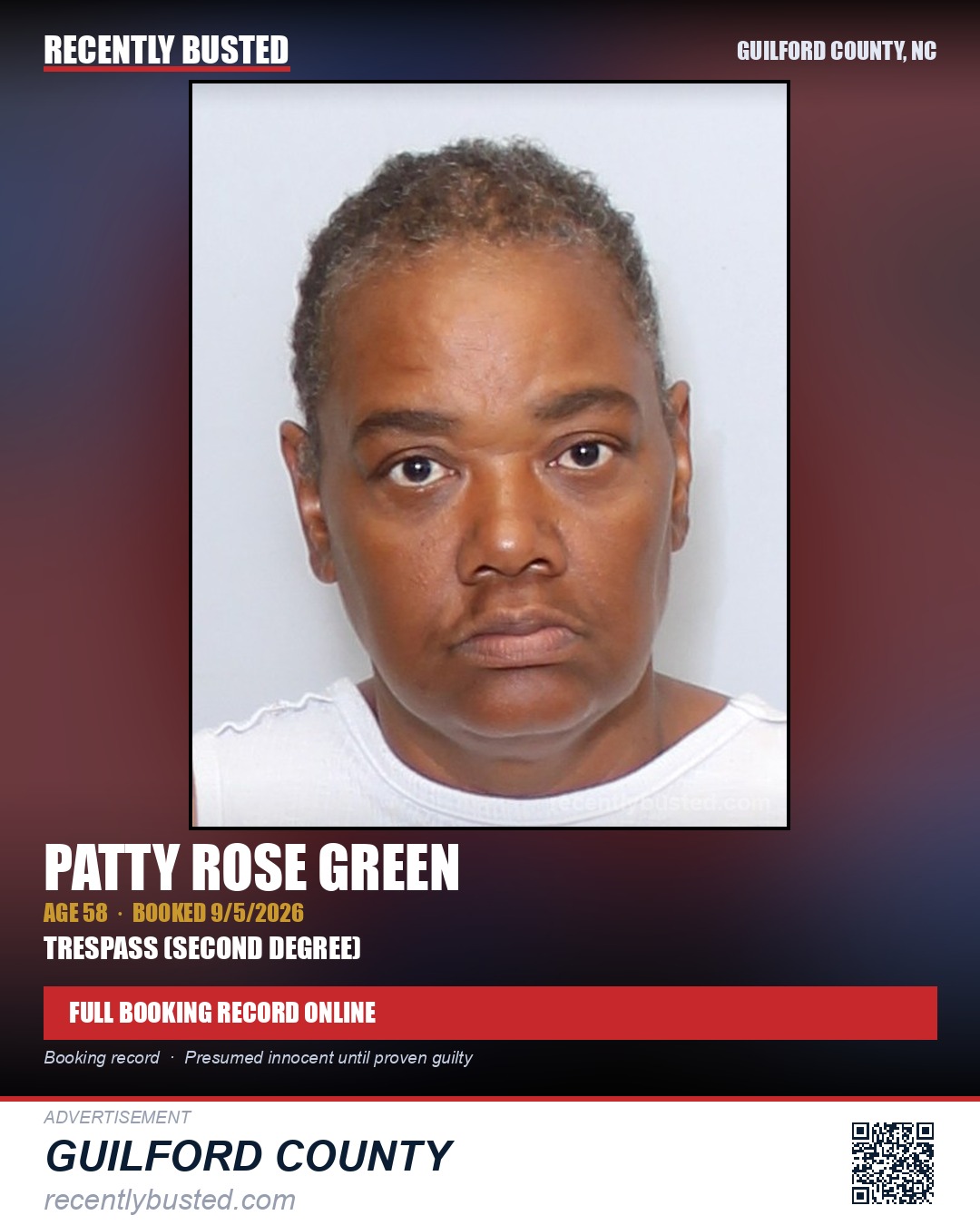 PATTY ROSE GREEN — arrest record card, Guilford County, North Carolina