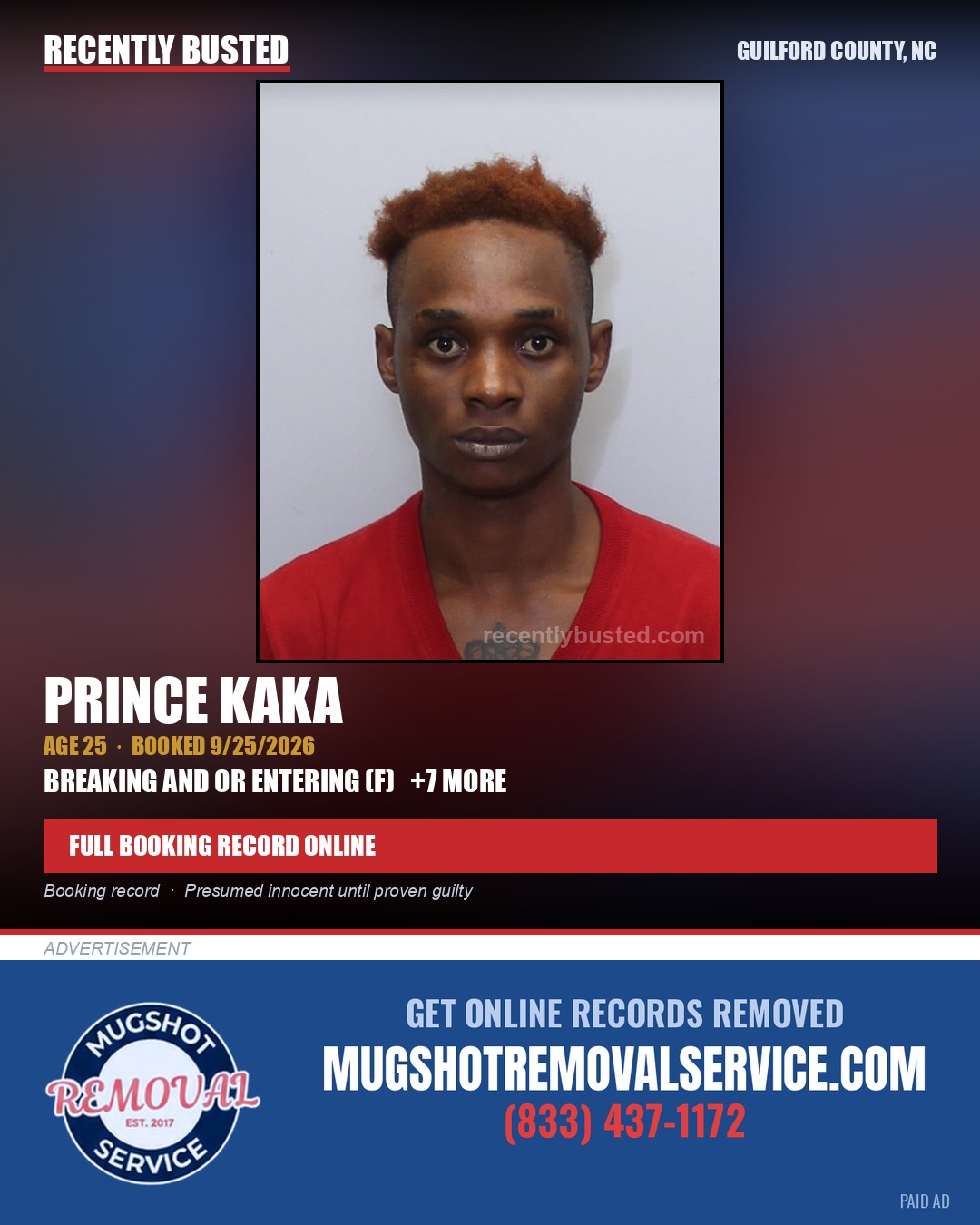 PRINCE KAKA — arrest record card, Guilford County, North Carolina