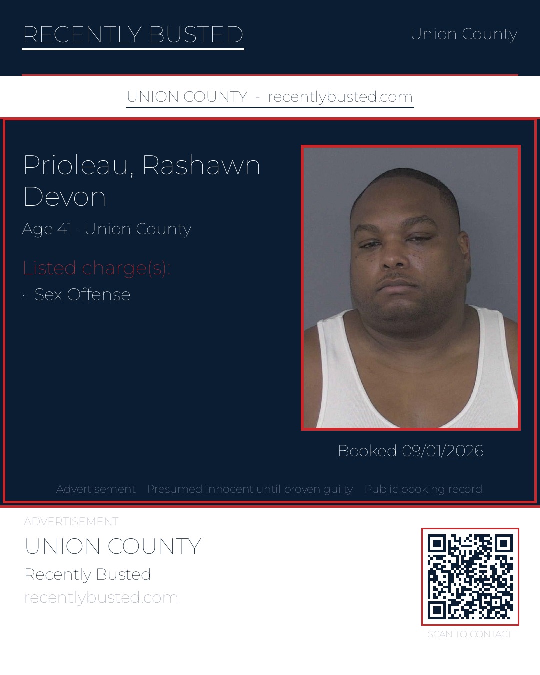 PRIOLEAU, RASHAWN DEVON — arrest record card, Union County, North Carolina