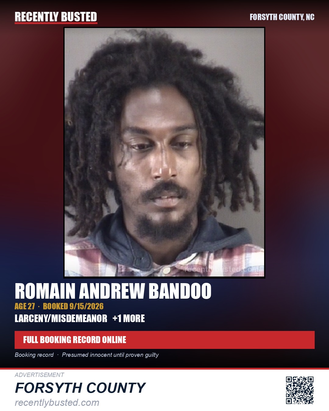 ROMAIN ANDREW BANDOO — arrest record card, Forsyth County, North Carolina