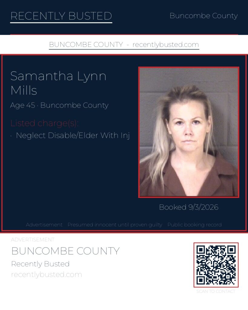 SAMANTHA LYNN MILLS — arrest record card, Buncombe County, North Carolina