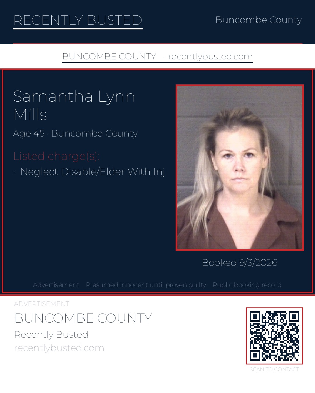 SAMANTHA LYNN MILLS — arrest record card, Buncombe County, North Carolina