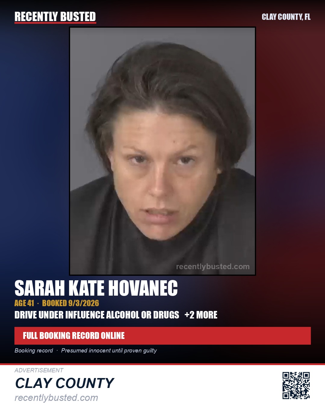 SARAH KATE HOVANEC — arrest record card, Clay County, Florida