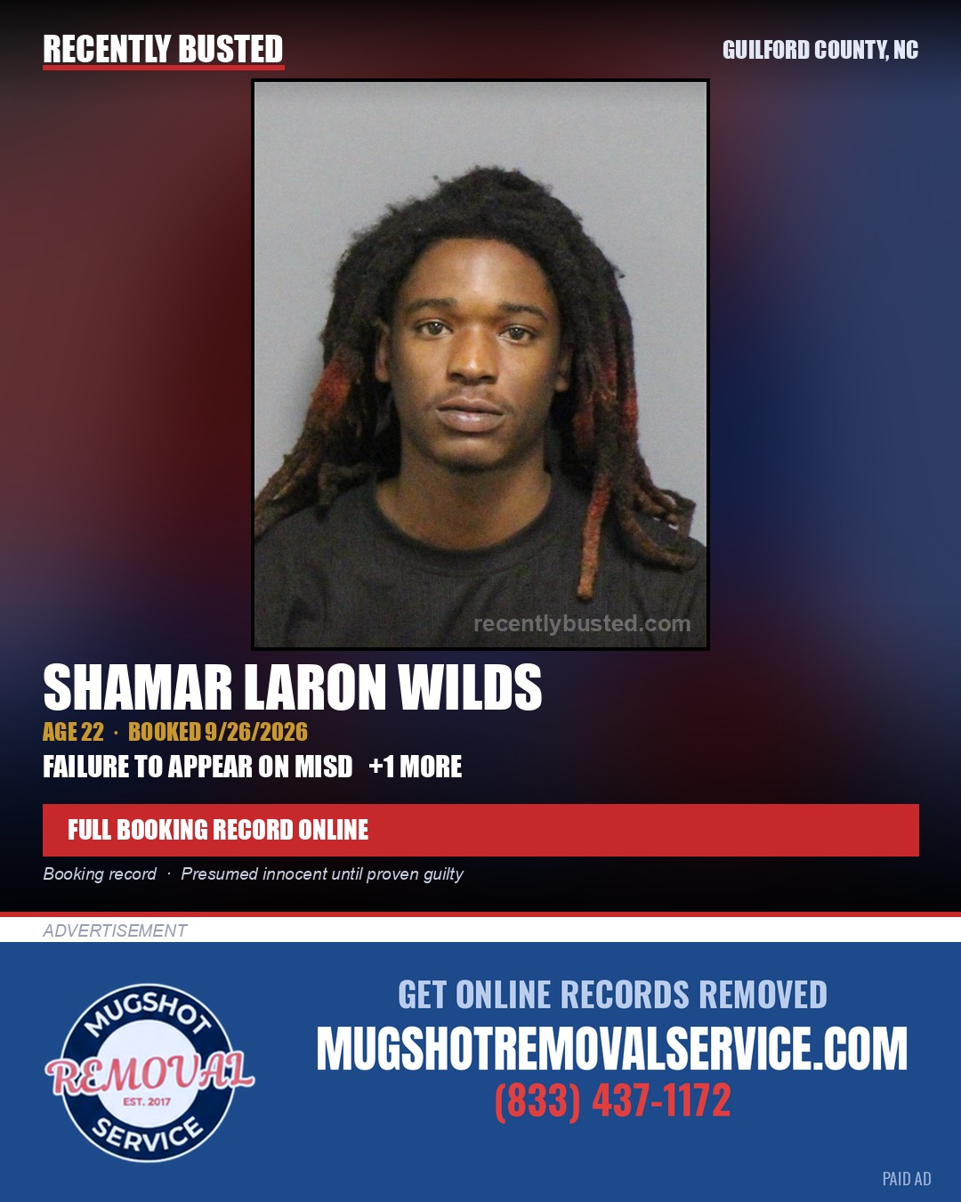 SHAMAR LARON WILDS — arrest record card, Guilford County, North Carolina