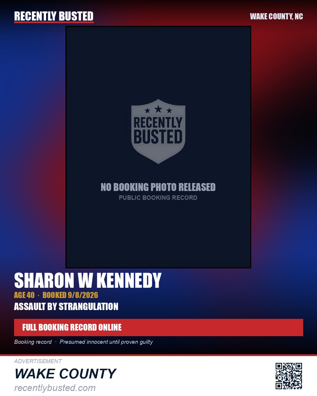 SHARON W KENNEDY — arrest record card, Wake County, North Carolina
