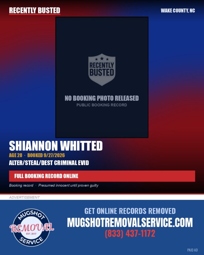 SHIANNON WHITTED — arrest record card, Wake County, North Carolina