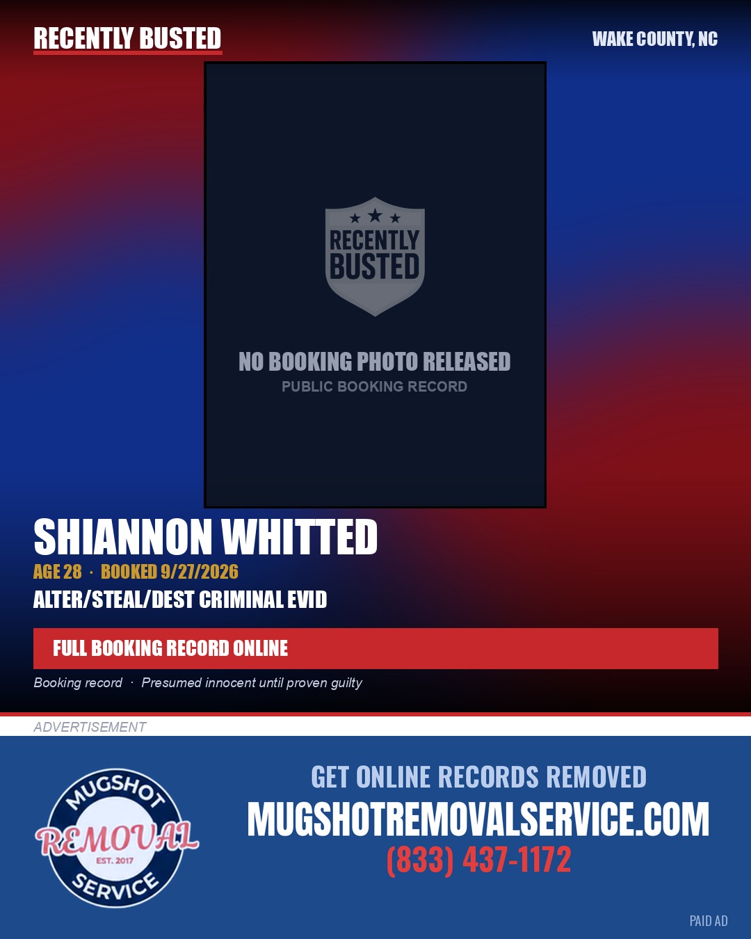 SHIANNON WHITTED — arrest record card, Wake County, North Carolina