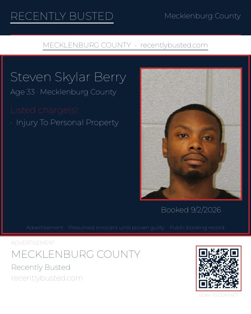 STEVEN SKYLAR BERRY — arrest record card, Mecklenburg County, North Carolina