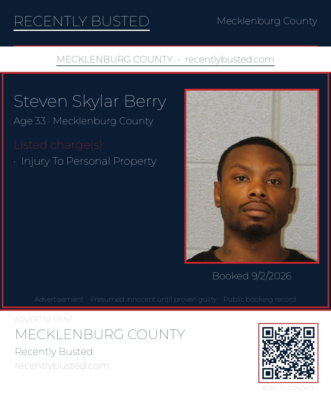 STEVEN SKYLAR BERRY — arrest record card, Mecklenburg County, North Carolina