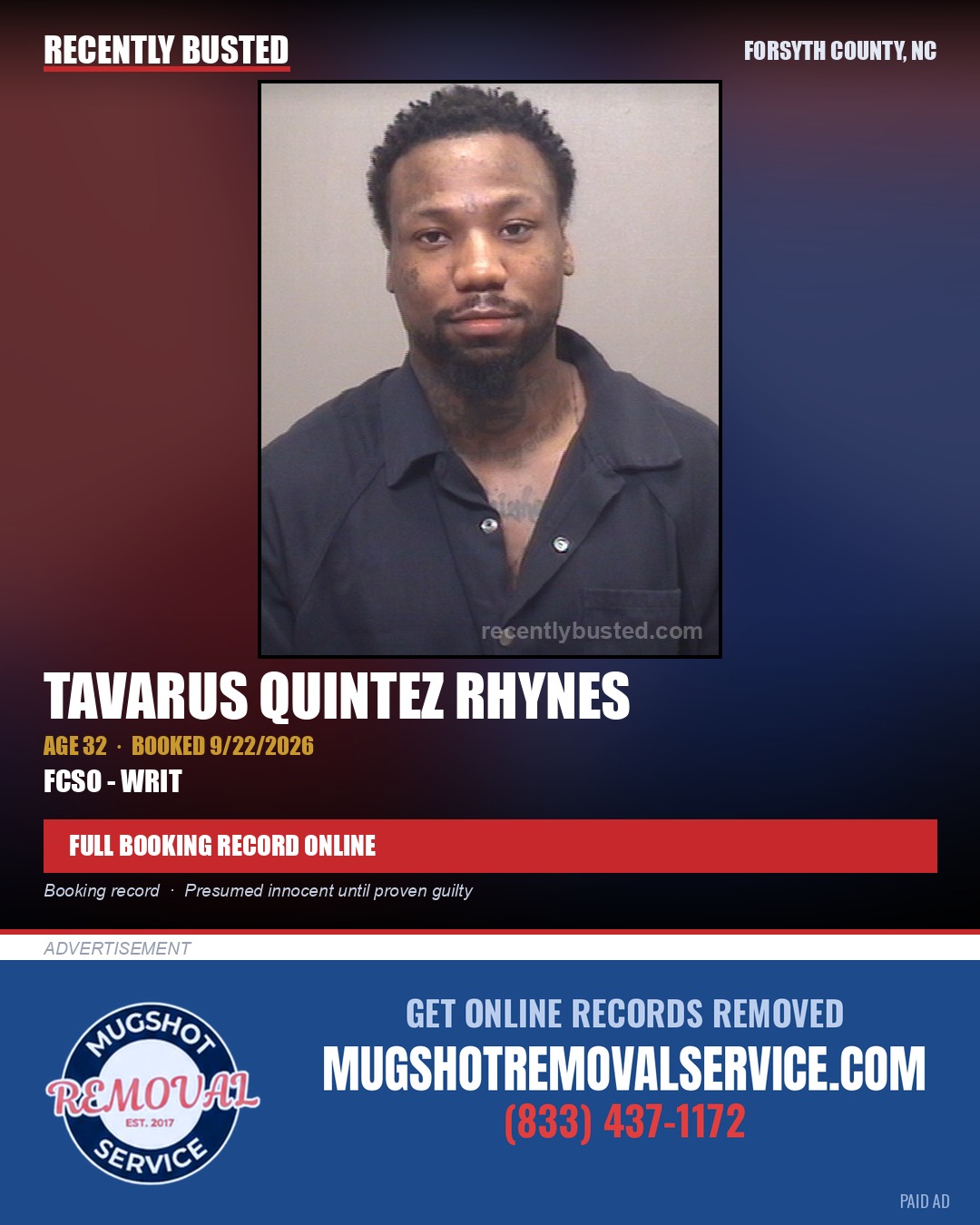 TAVARUS QUINTEZ RHYNES — arrest record card, Forsyth County, North Carolina