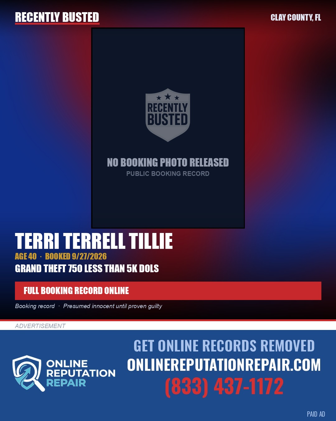TERRI TERRELL TILLIE — arrest record card, Clay County, Florida