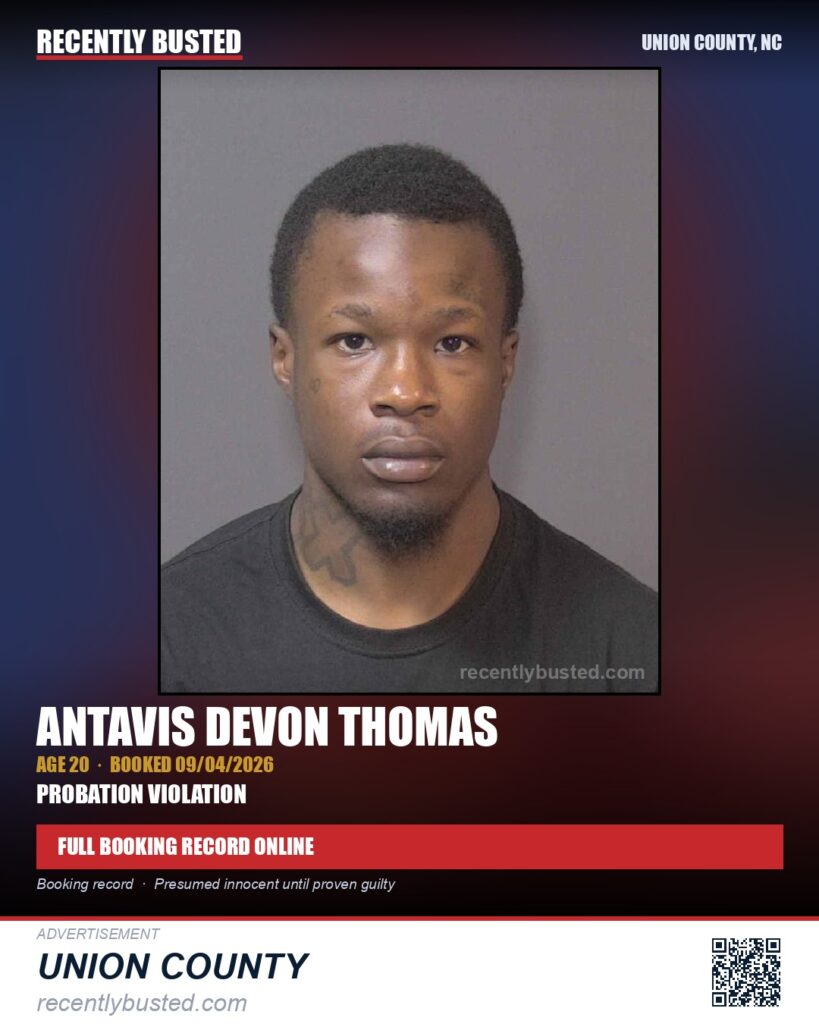 THOMAS, ANTAVIS DEVON — arrest record card, Union County, North Carolina