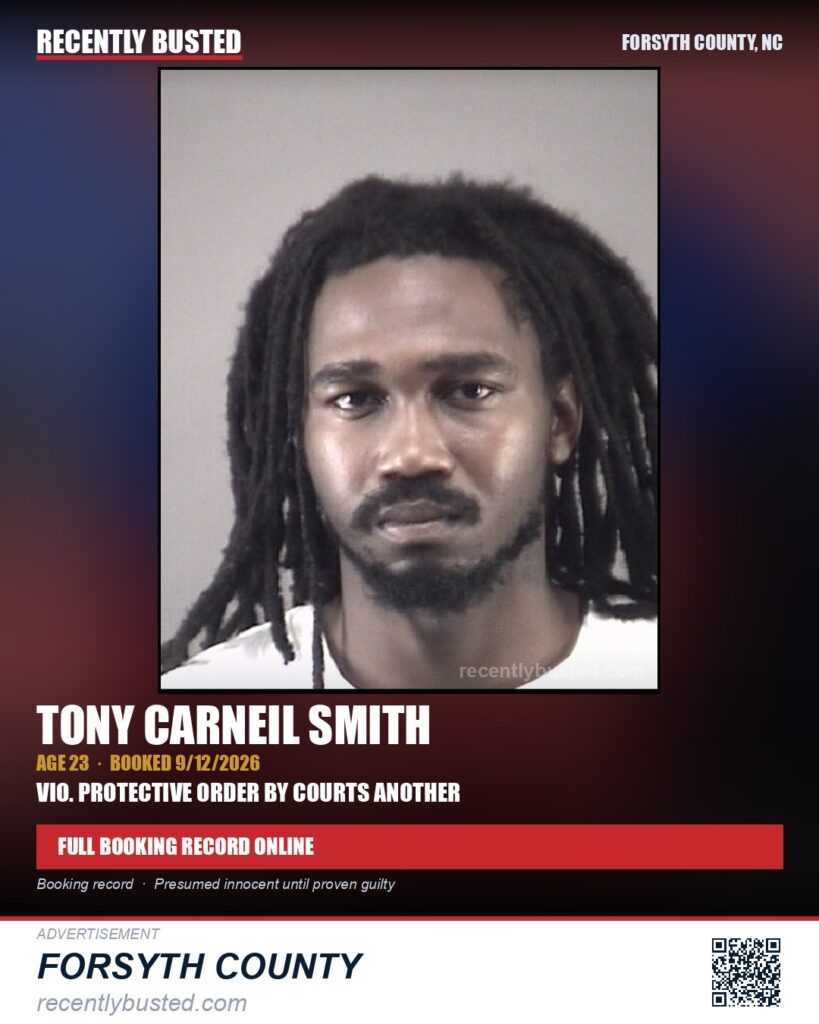 TONY CARNEIL SMITH — arrest record card, Forsyth County, North Carolina
