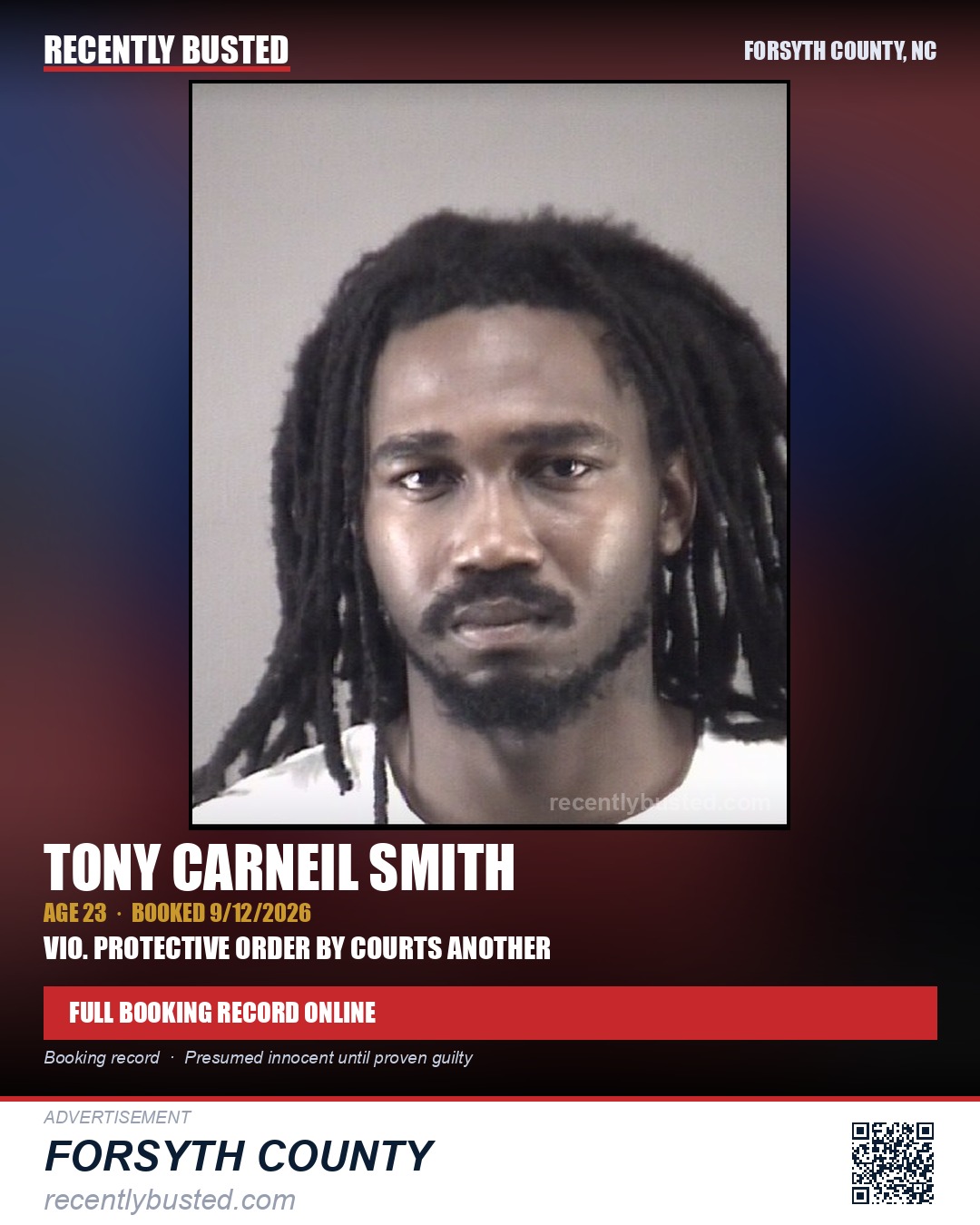 TONY CARNEIL SMITH — arrest record card, Forsyth County, North Carolina