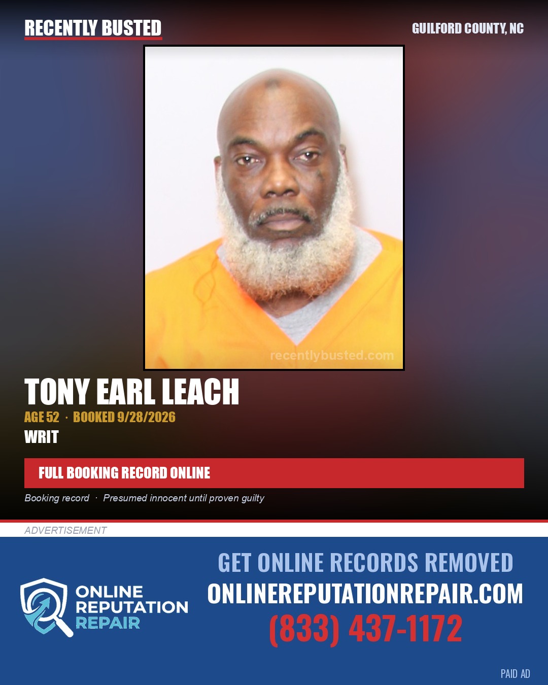 TONY EARL LEACH — arrest record card, Guilford County, North Carolina