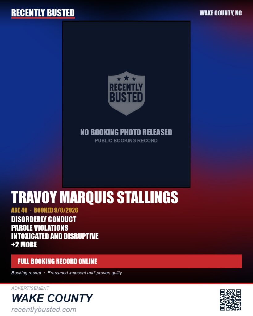 TRAVOY MARQUIS STALLINGS — arrest record card, Wake County, North Carolina