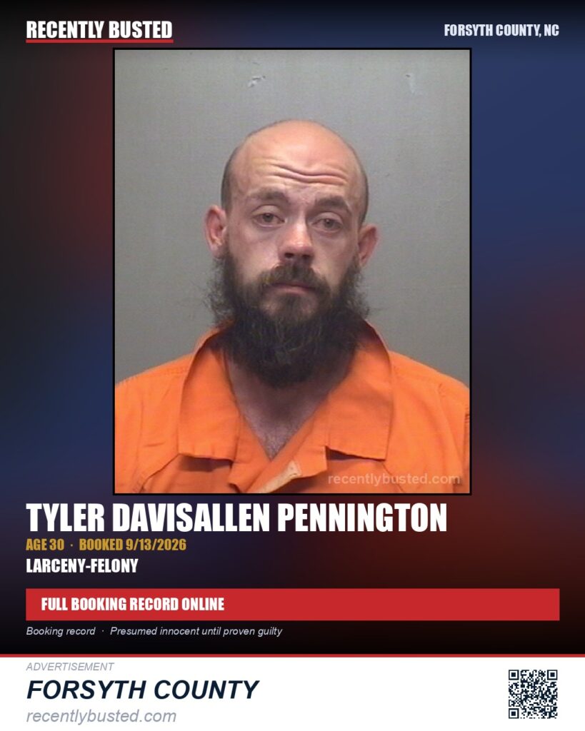 TYLER DAVISALLEN PENNINGTON — arrest record card, Forsyth County, North Carolina