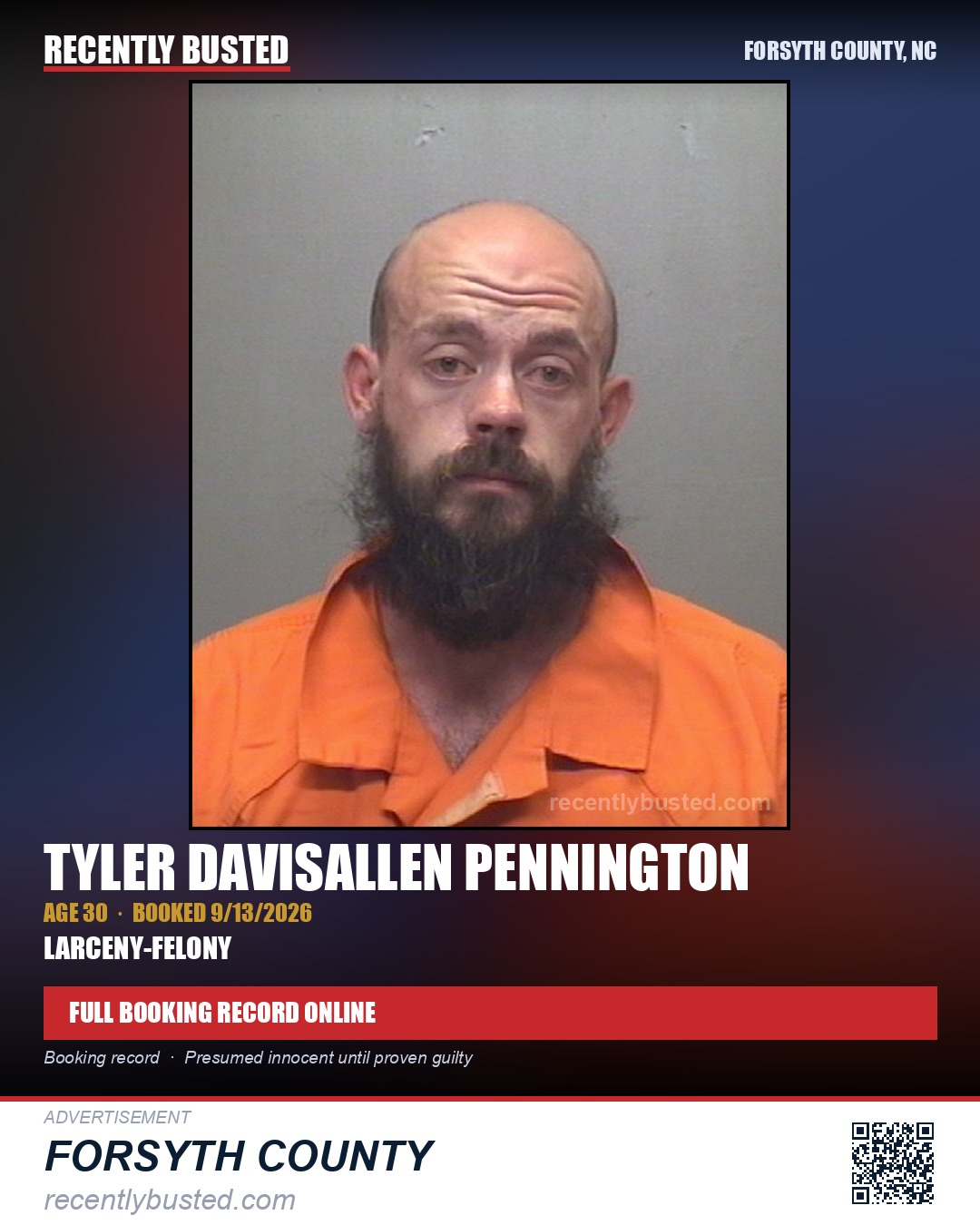 TYLER DAVISALLEN PENNINGTON — arrest record card, Forsyth County, North Carolina