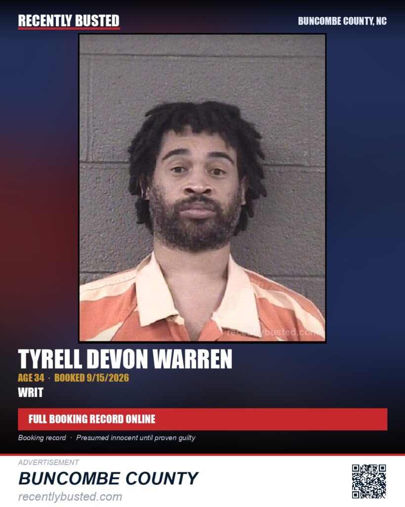 TYRELL DEVON WARREN — arrest record card, Buncombe County, North Carolina