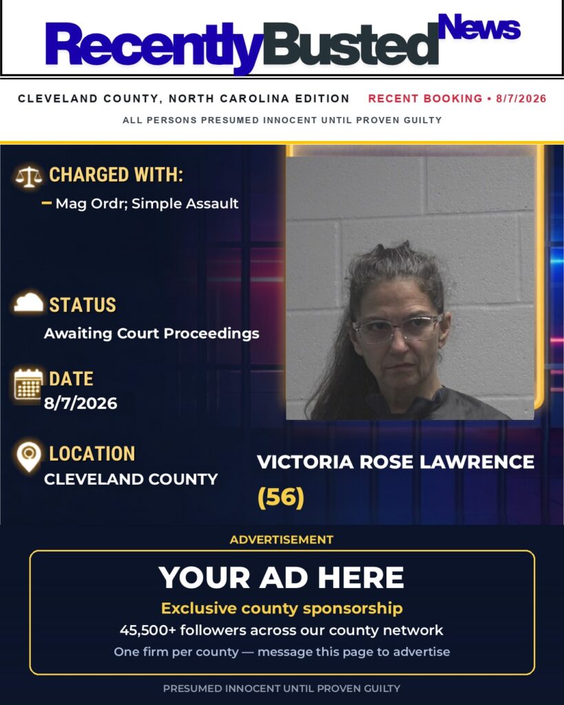 VICTORIA ROSE LAWRENCE — arrest record card, Cleveland County