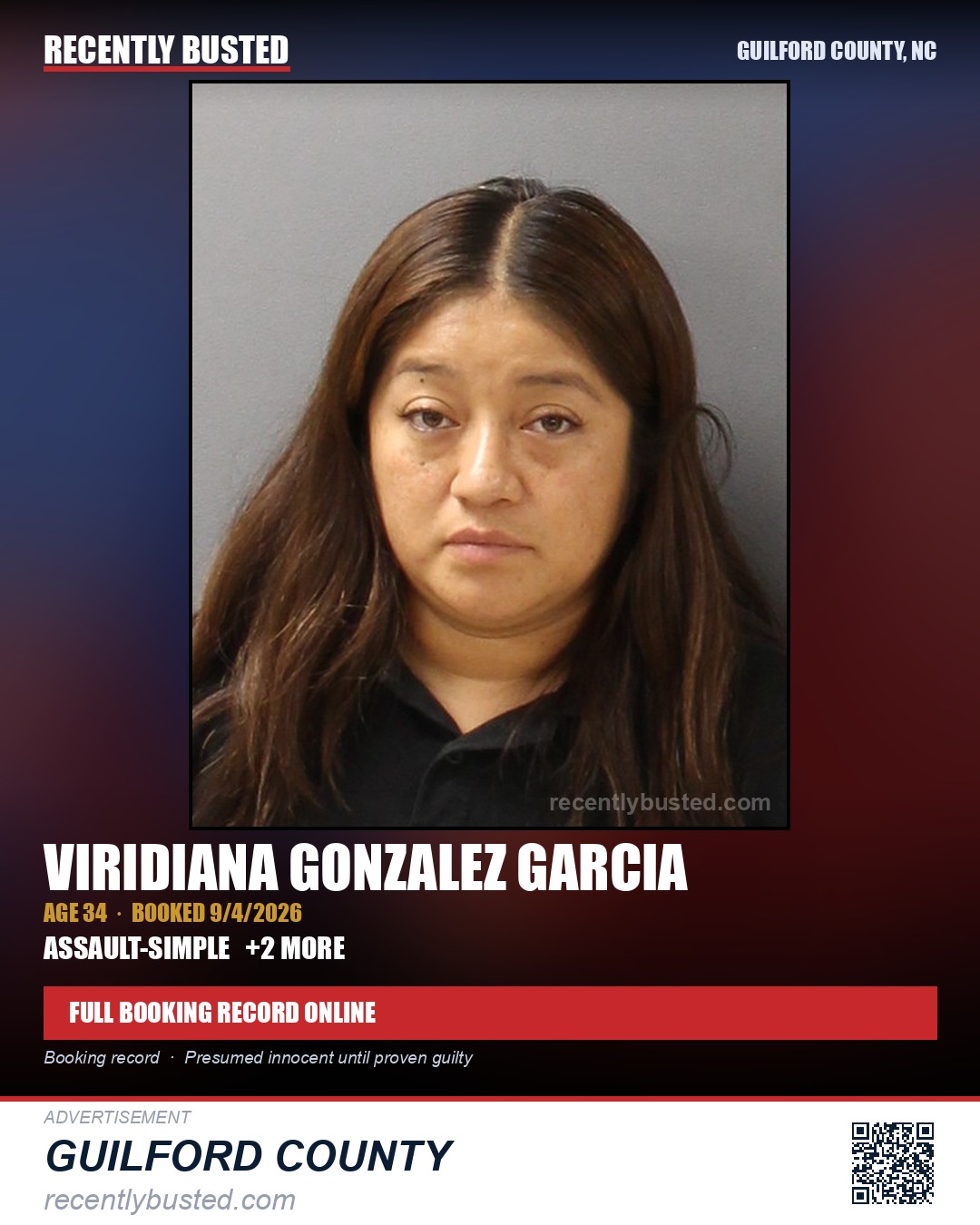 VIRIDIANA GONZALEZ GARCIA — arrest record card, Guilford County, North Carolina
