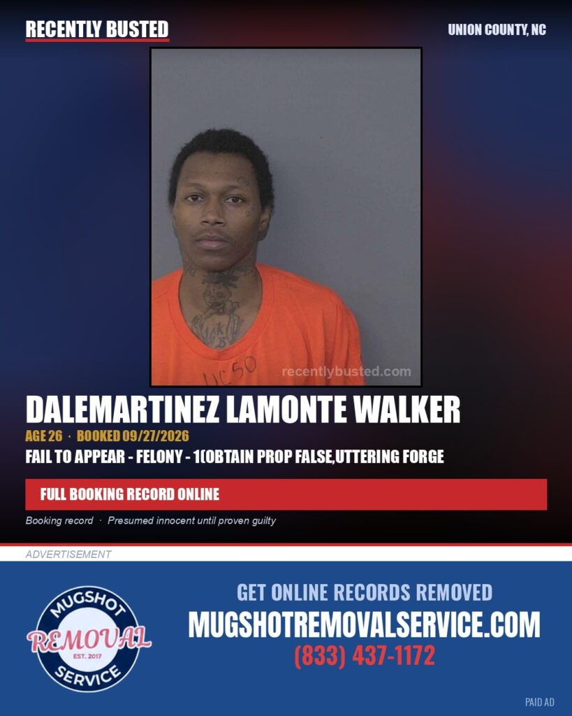 WALKER, DALEMARTINEZ LAMONTE — arrest record card, Union County, North Carolina