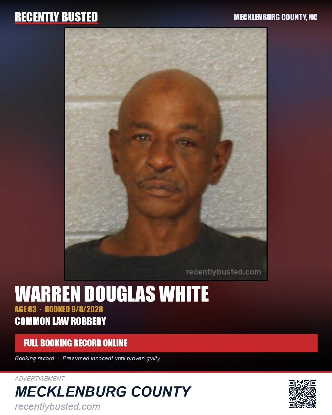 WARREN DOUGLAS WHITE — arrest record card, Mecklenburg County, North Carolina