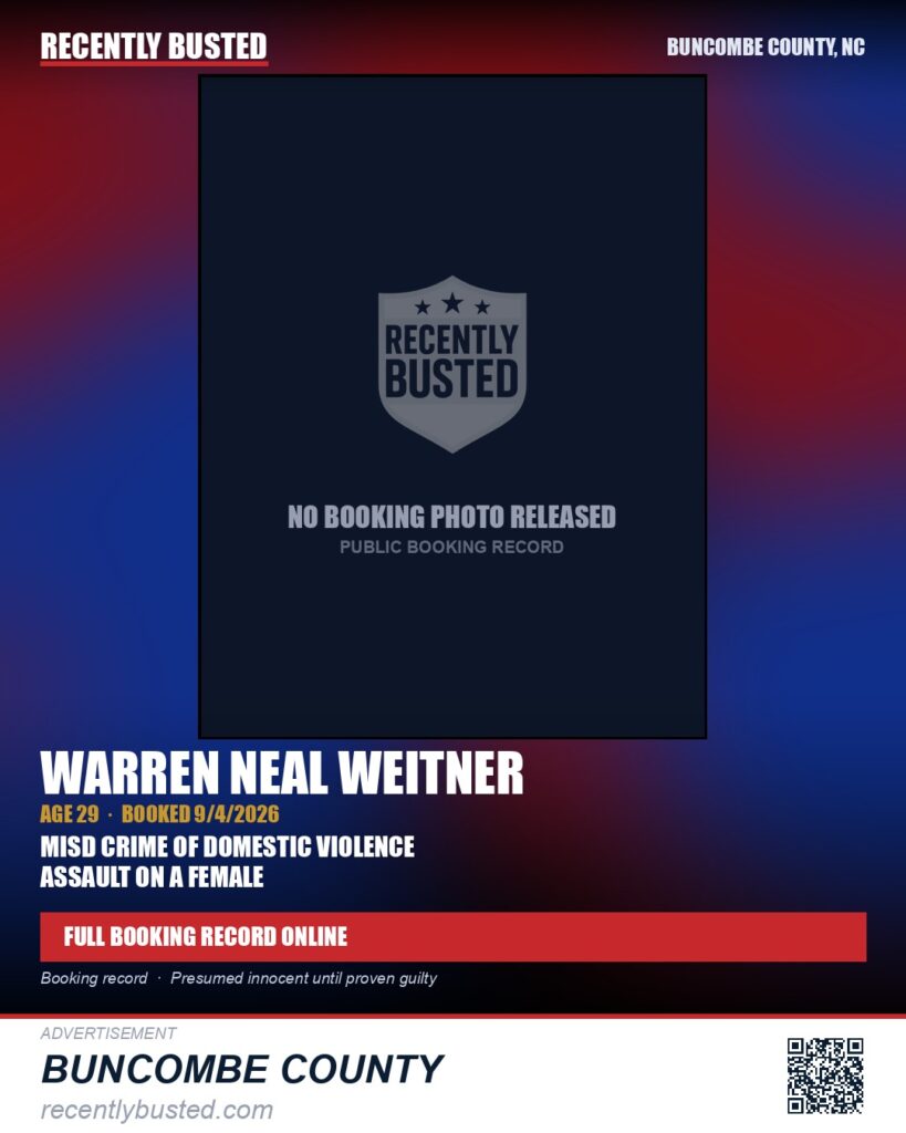 WARREN NEAL WEITNER — arrest record card, Buncombe County, North Carolina