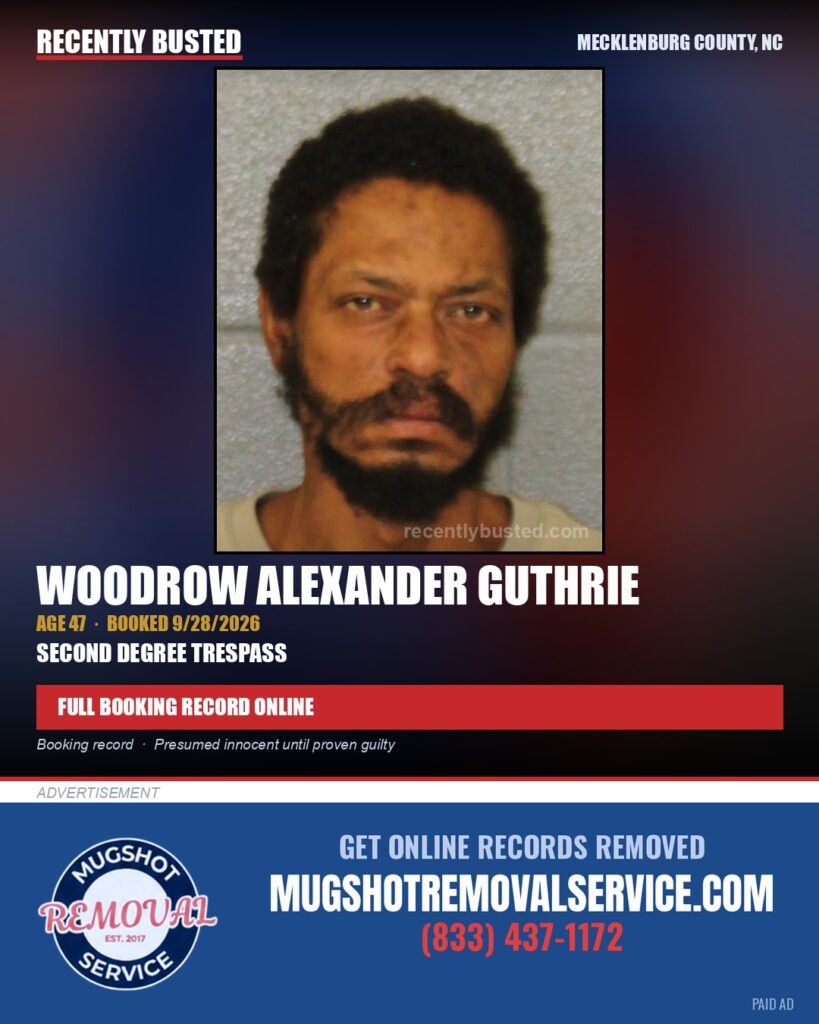 WOODROW ALEXANDER GUTHRIE — arrest record card, Mecklenburg County, North Carolina