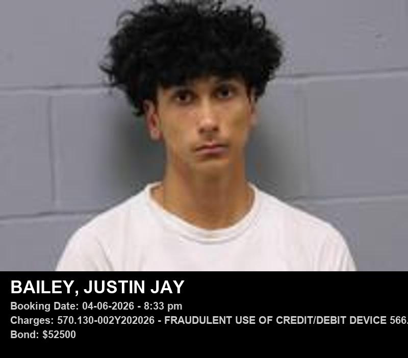JUSTIN JAY BAILEY — arrest record card, Johnson County, Missouri