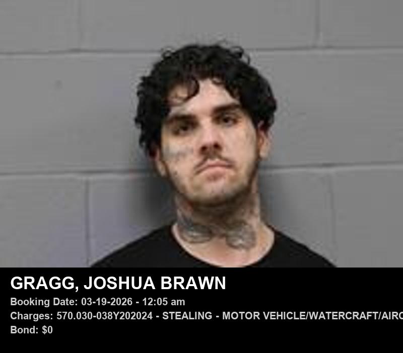 JOSHUA BRAWN GRAGG — arrest record card, Johnson County, Missouri