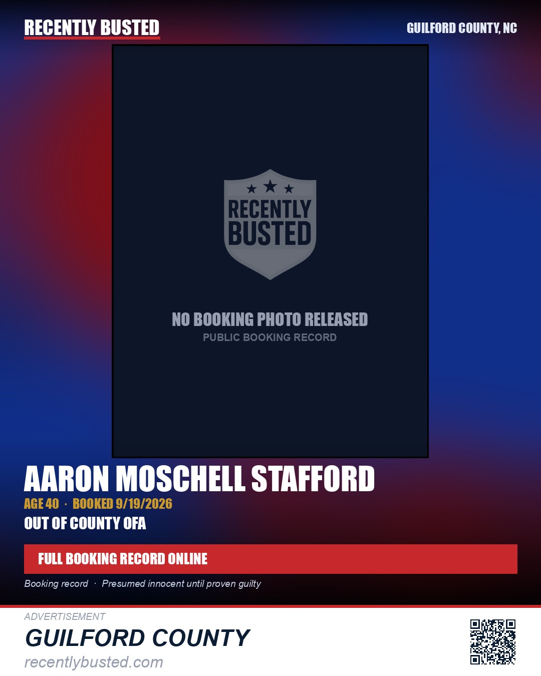AARON MOSCHELL STAFFORD — arrest record card, Guilford County, North Carolina