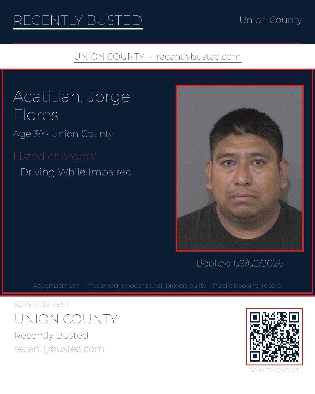 ACATITLAN, JORGE FLORES — arrest record card, Union County, North Carolina