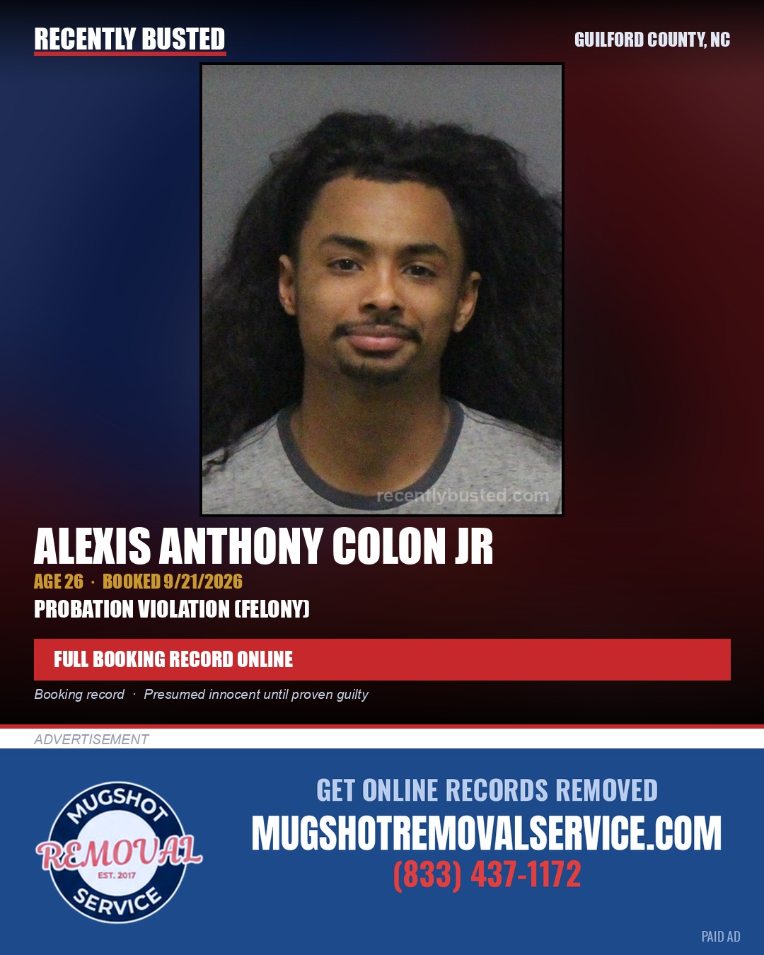 ALEXIS ANTHONY COLON JR — arrest record card, Guilford County, North Carolina